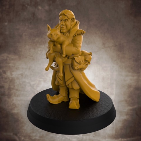 Image of Gnomish Necromancer "Gale" with his Cat Familiar "Jynx" - 32mm scale miniature with supports
