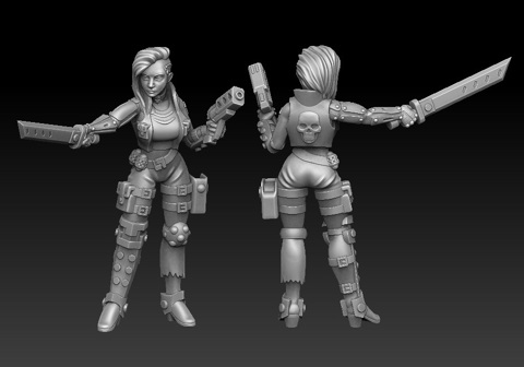 Image of Cyberpunk girl with gun and sword 3d printable miniature