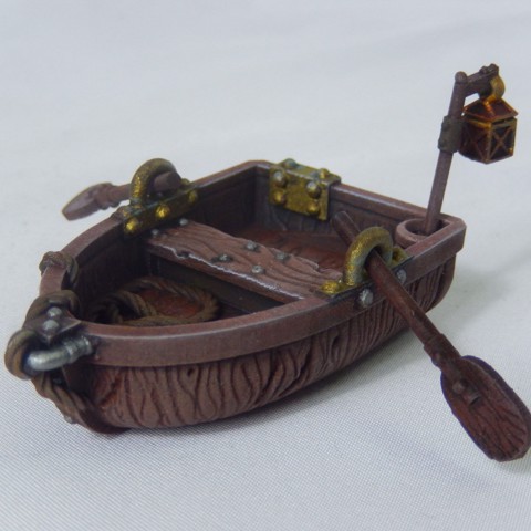 Image of Row boat with oars and pole lantern (miniature for D&D)