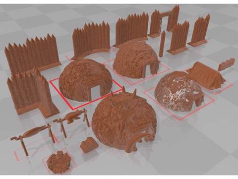 Image of Primitive Huts, Tent, Palisade, Campfire for 28mm Wargaming and RPGs