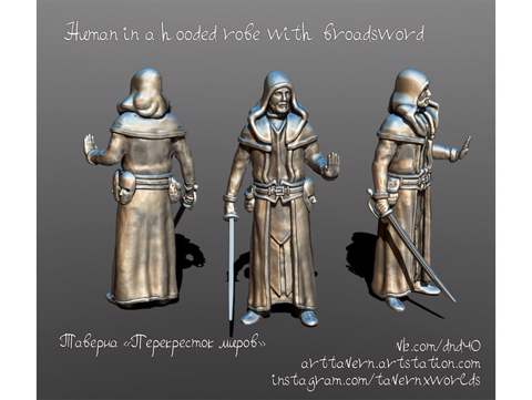 Image of Human in a hooded robe with broadsword 