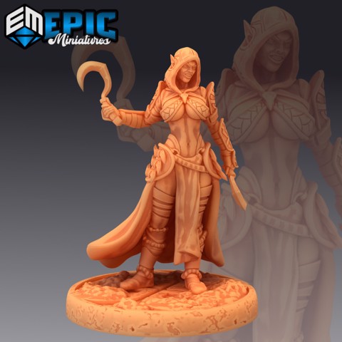 Image of Dark Elf Rogue Scythe / Elvish Adventurer Girl / Hooded Female Player Character