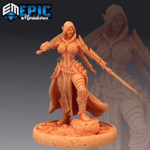 Image of Dark Elf Rogue Attacking / Elvish Adventurer Girl / Hooded Female Player Character
