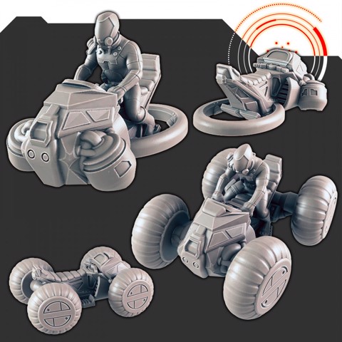 Image of Sci-fi Vehicles: Track-R Quad and Hoverbike + riders [Support-free]