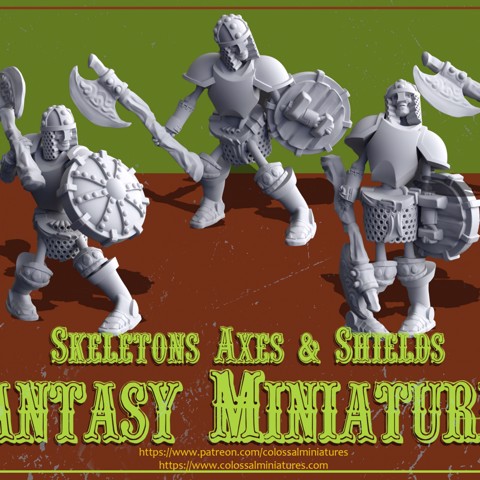 Image of Skeleton Set  - Axe & Shields x 5 Minis, Pre-Supported