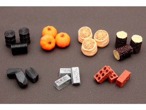 Image of Board Game resources, Food-Grain, Pumpkin, Wood, Metal-Iron, Coal, Brick-Clay and Oil Tokens