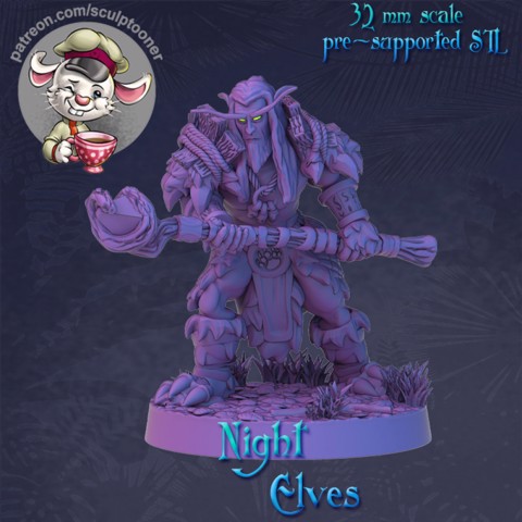 Image of Druid Night Elf male attack posed - 32mm scale printable miniature