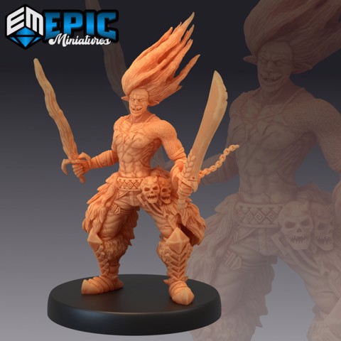 Image of Fire Genasi Dual Sword / Male Flame Warrior / Burning Land / Elemental Creature