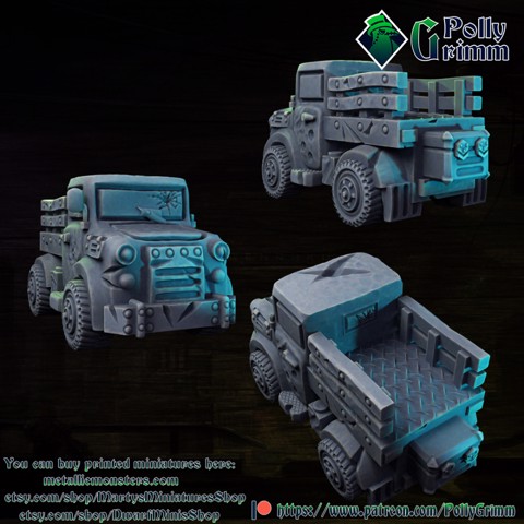 Image of Tabletop miniature sci-fi cyberpunk fantasy. Old  truck car terrain