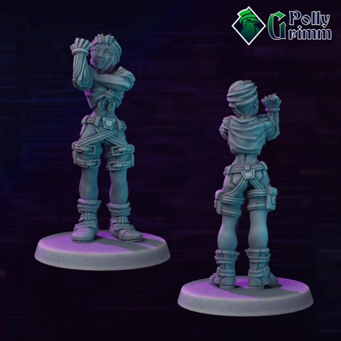 Image of Cyberpunk sci-fi tabletop miniature. Human female with cyber implants