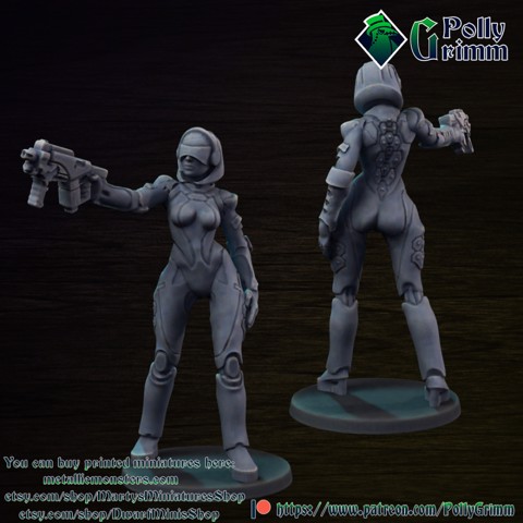 Image of Droid android robot woman with pistol. Sci-fi miniature