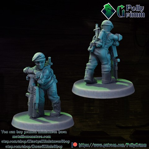 Image of Tabletop miniature sci-fi cyberpunk fantasy. Dwarf girl soldier with big gun