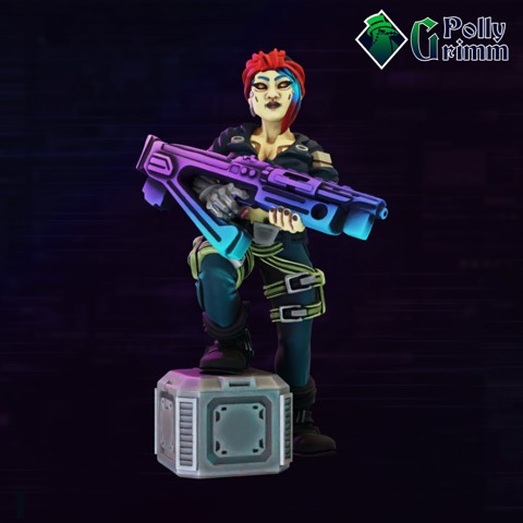 Image of Cyberpunk sci-fi tabletop miniature. Soldier female with gun