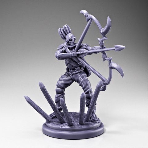 Image of Skeleton - Armored Archer - Bone Longbow - Bowstring Drawn Right + Stakes Base