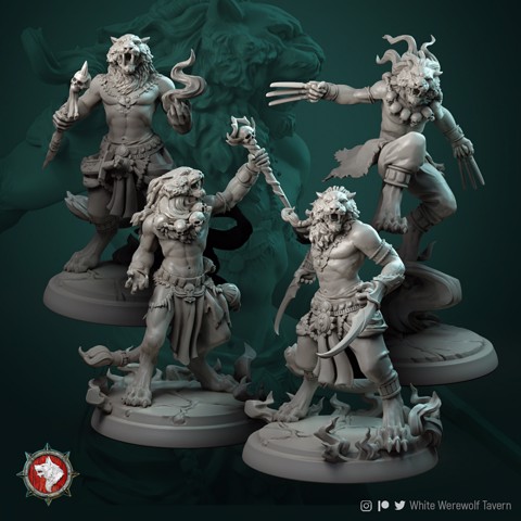 Image of Tabaxi set 4 miniatures (2 warriors, mage, shaman) 32mm pre-supported