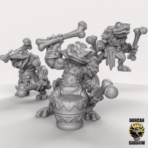 Image of Frog Folk with bone Weapons and drum (Pre Supported)
