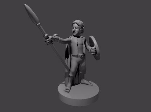 Image of Halfling Light Cleric with a Spear and Shield